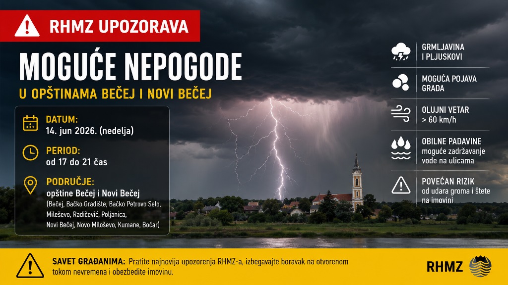 RHMZ upozorava: Moguće nepogode danas u opštinama Bečej i Novi Bečej