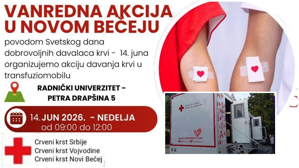 Vanredna akcija dobrovoljnog davanja krvi u Novom Bečeju u nedelju, 14. juna