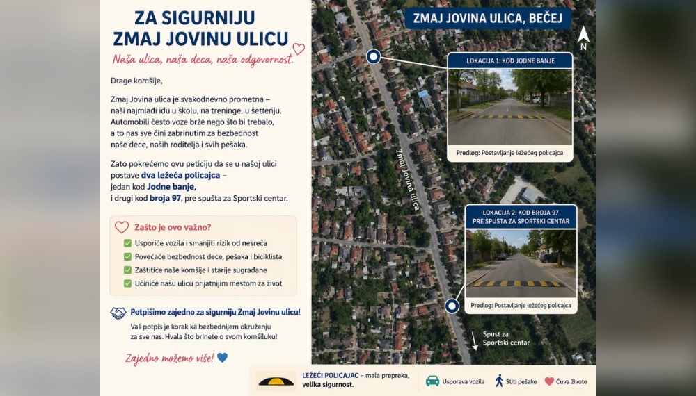 Pokrenuta peticija za postavljanje ležećih policajaca u Zmaj Jovinoj ulici u Bečeju